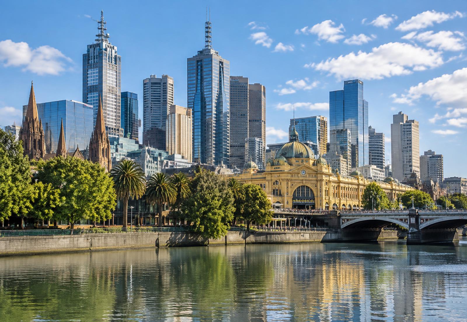Melbourne skyline on a sunny day, with Flinders Street Station and the city towers reflected in the Yarra River